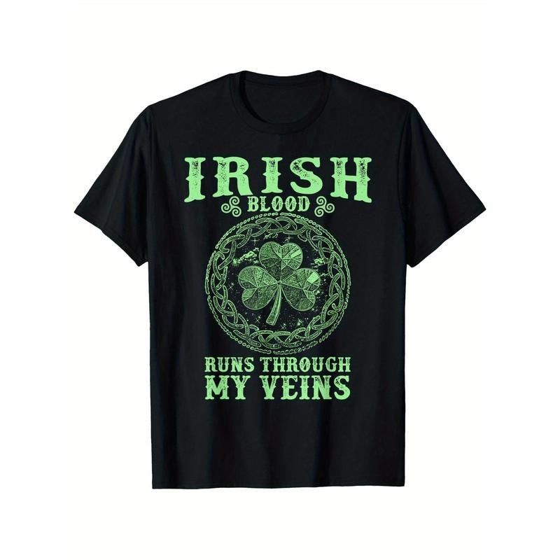 Irish Blood Runs Through My Veins And St. Patrick´S Day T-Shirt, Unisex Cotton Casual Round Neck Outdoor Short Sleeve...