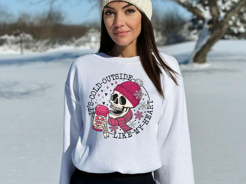 It is Cold Outside Sweatshirt, Skeleton Drinking Coffee Outside in Freezing Weather Hoodie, Retro Skull Sweatshirt to...