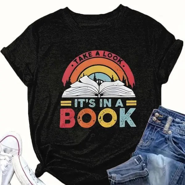 It's In A Book Shirt, Book & Letter Print Round Neck Tee, Book Sweatshirt, Women Tops  Comfort Cotton Hoodie | TeeBloomCo.com