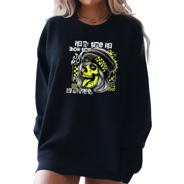 'It's My Time, It's Showtime' Crewneck Sweatshirt, T Shirt, or Hoodie Pullover | Punk, Alt, Grunge, Goth, Skeleton Style,...