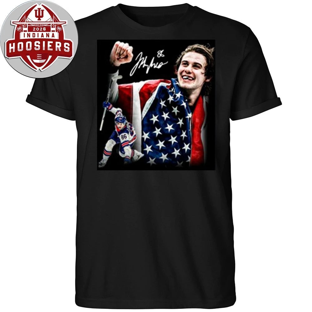 Jack Hughes Usa Hockey Gold Signature And Flag 2026 Shirt