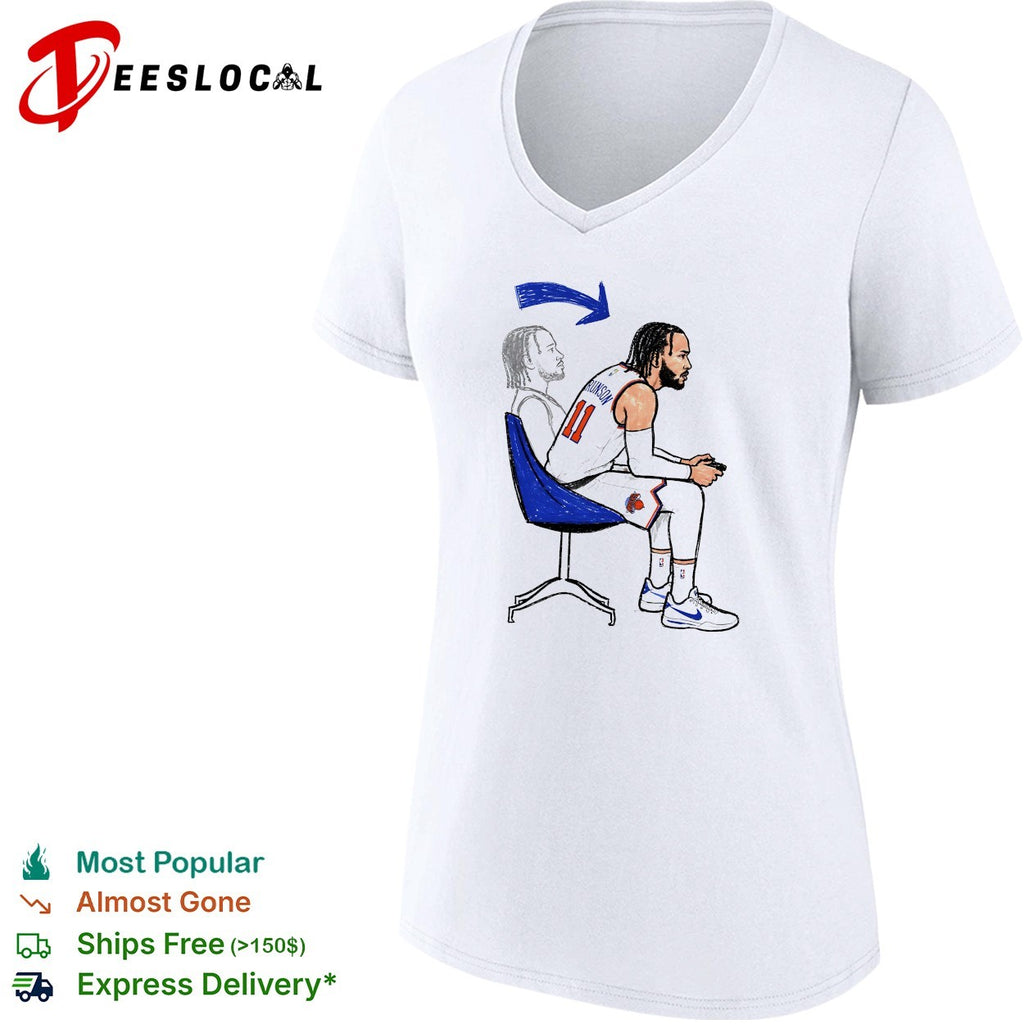 Jalen Brunson 11 New York Knicks sitting in chair relaxed cartoon illustration shirt