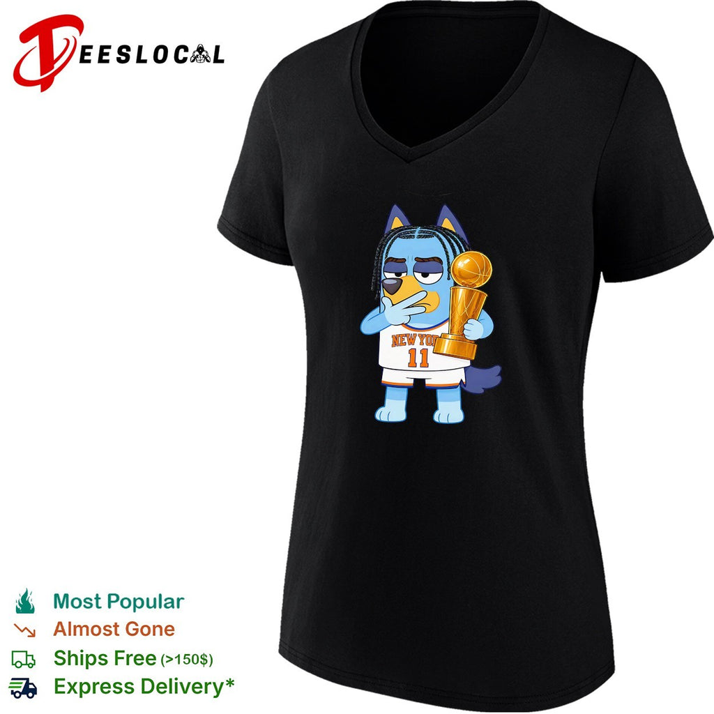 Jalen Brunson 11 New York Knicks x Bluey holding NBA championship trophy shirt