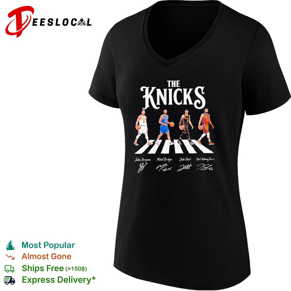 Jalen Brunson Mikal Bridges Josh Hart Karl Anthony Towns New York Knicks walking across shirt