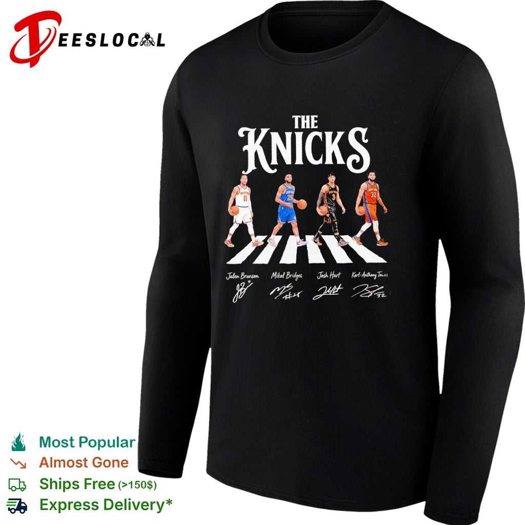 Jalen Brunson Mikal Bridges Josh Hart Karl Anthony Towns New York Knicks walking across shirt