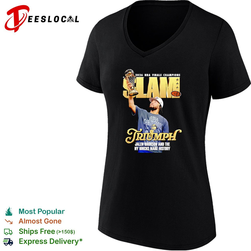 Jalen Brunson NY Knicks triumph trophy 2026 NBA Finals champions slam in 5 and the make history shirt