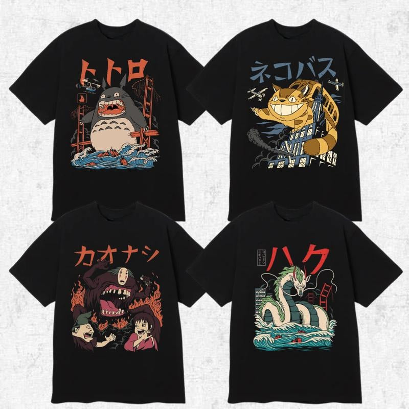 Japanese Anime Kaiju Tee - Catbus, Haku, No-Face & Totoro Monster Design, Ghibli Inspired Retro Urban Style Unisex Shirt...