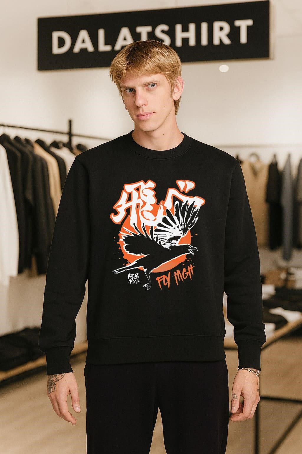 Japanese Kanji Fly High Crow Wings Silhouette shirt
