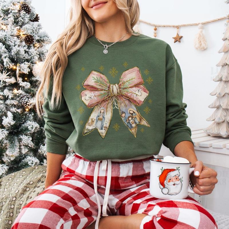 Jesus Christmas Coquette Bow Sweatshirt, Christian Christmas Shirt, Nativity Scene Shirt, Baby Jesus Shirt, Christmas...