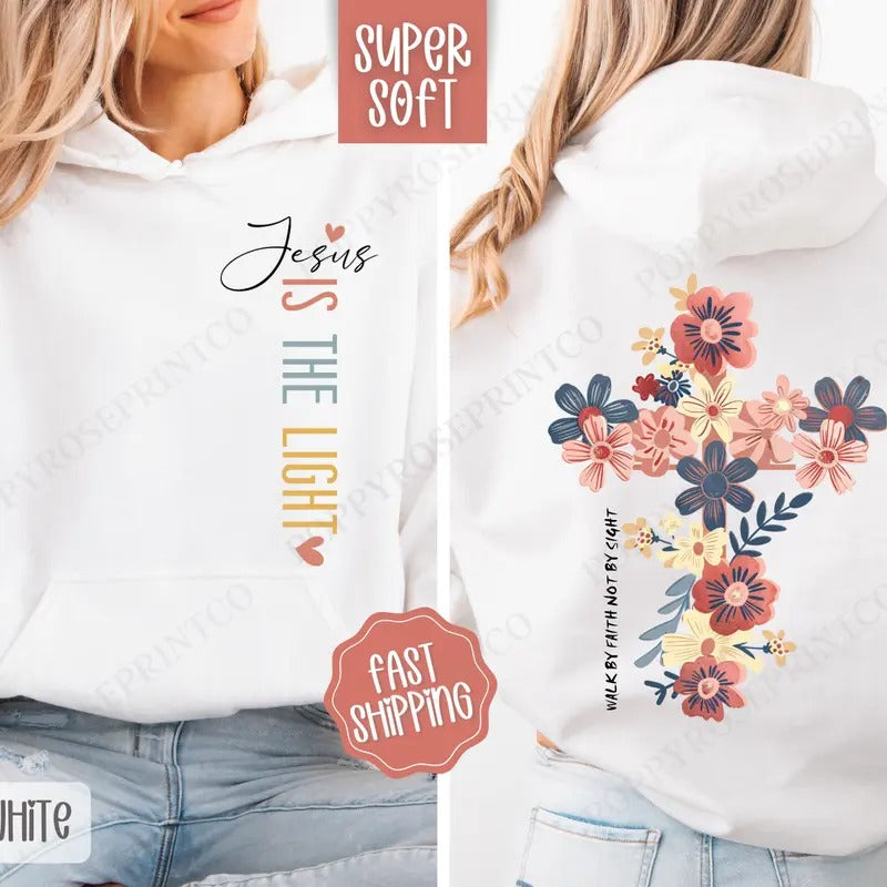Jesus Is The Light Hoodie, Religious Women's Hooded Sweatshirt, Trendy Women's Hoodie T-Shirts | TeeBloomCo.com