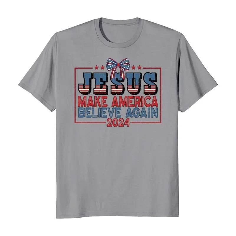 Jesus Make America Believe Again 2024 Election T-Shirt Hoodie, Sweatshirt | TeeBloomCo.com