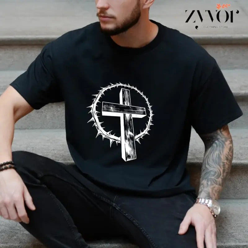 Jesus Old Wooden Cross and Crown of Thorns T-Shirt Casual Style Crew Neck Short Sleeve T-Shirt Tops Trendy for Unisex...
