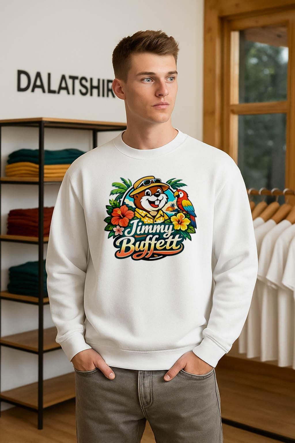 Jimmy Buffett Buc-ee’s Beaver Character Tropical Parrot Flowers Logo shirt