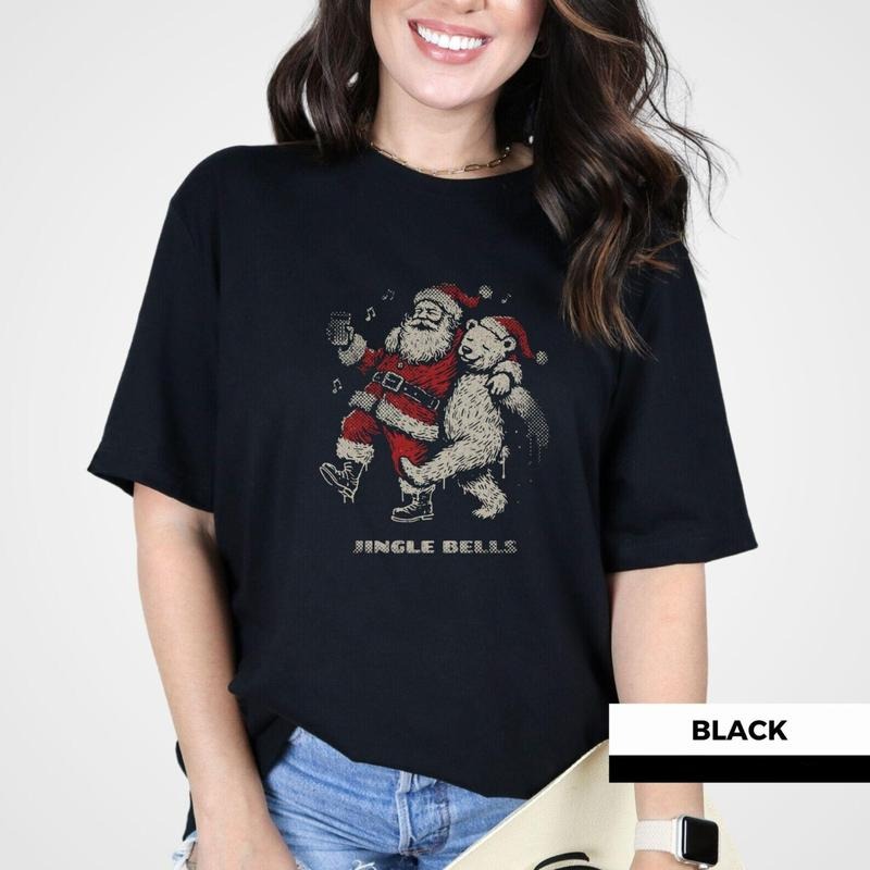 Jingle Bells Santa and Polar Bear Shirt, Retro Vintage Christmas Tee, Funny Santa Claus Graphic Tshirt Hoodie, Sweatshirt