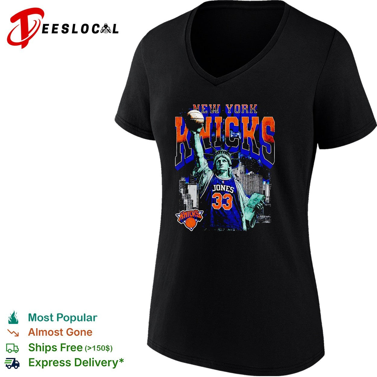 Jones 33 New York Knicks Statue of Liberty skyline basketball shirt