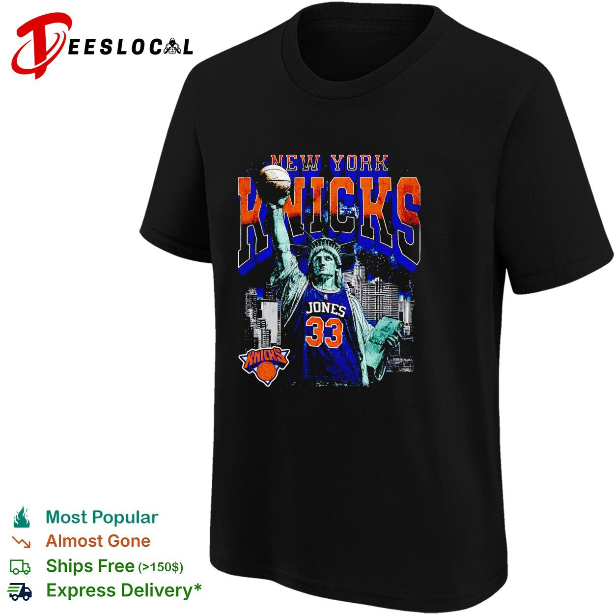 Jones 33 New York Knicks Statue of Liberty skyline basketball shirt