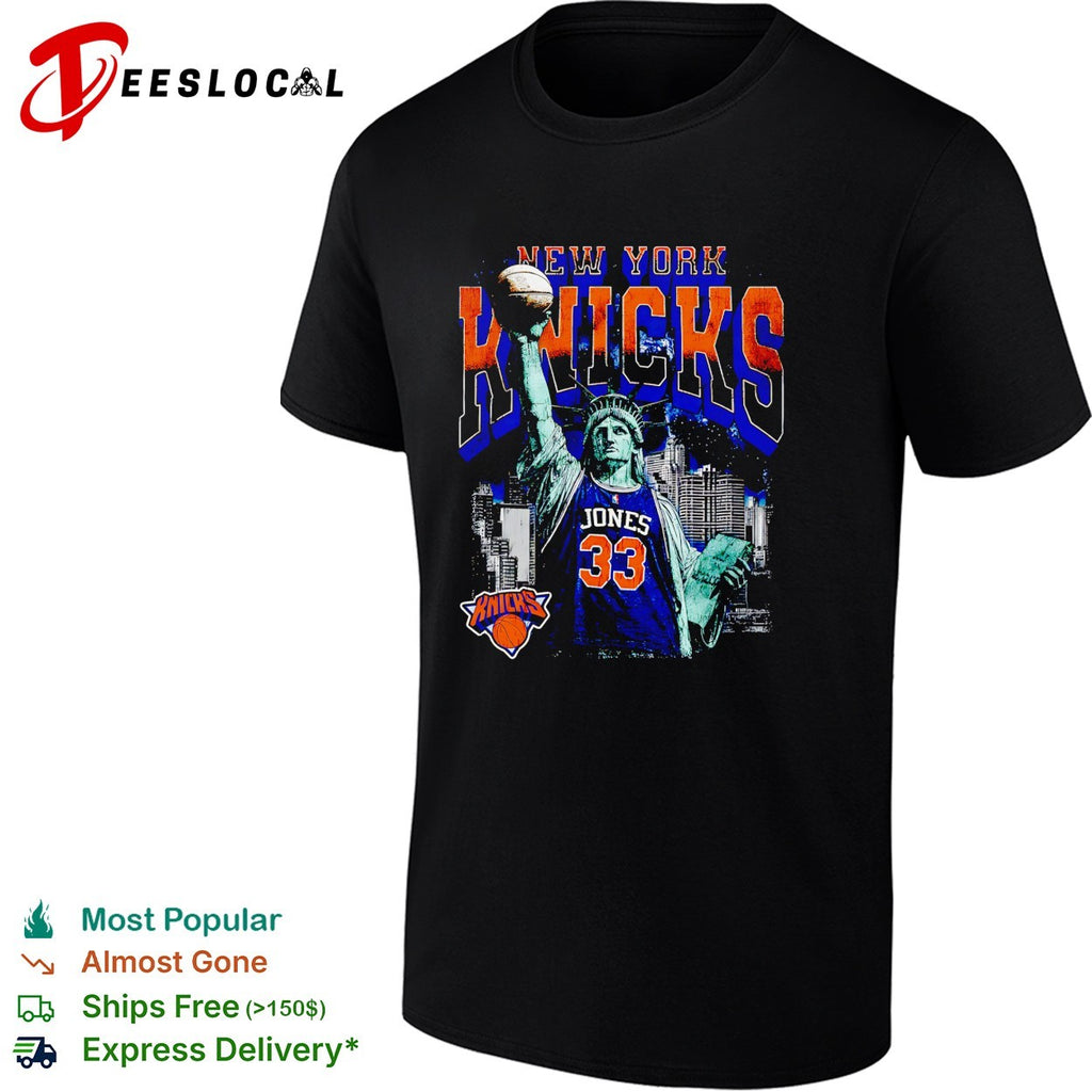Jones 33 New York Knicks Statue of Liberty skyline basketball shirt