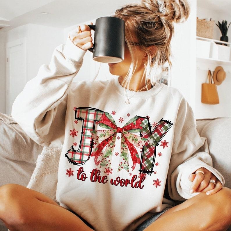 Joy To The World , Christmas Season , Santa Claus , Christmas Coquette Bow , Retro Christmas Shirt , Merry Christmas...