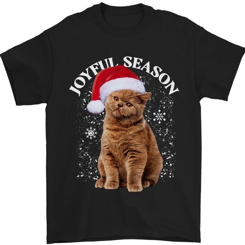 Joyful Season Christmas Funny Cat Xmas Mens T-Shirt 100% Cotton Made in USA Hoodie, Sweatshirt | TeeBloomCo.com