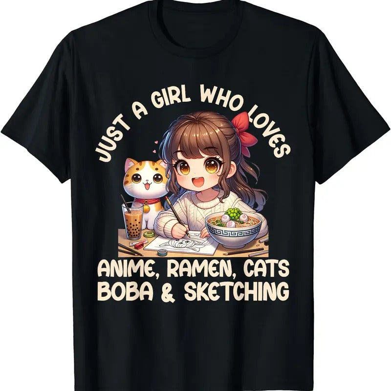 Just A Girl Who Loves Anime Ramen Cats Boba And Sketching TShirt Hoodie, Sweatshirt | TeeBloomCo.com