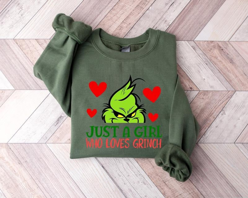 Just A Girl Who Loves Grinch Sweatshirt, Grinchmas Shirt, Christmas Grinch Sweatshirt Cotton Womenswear Cotton Womenswear...
