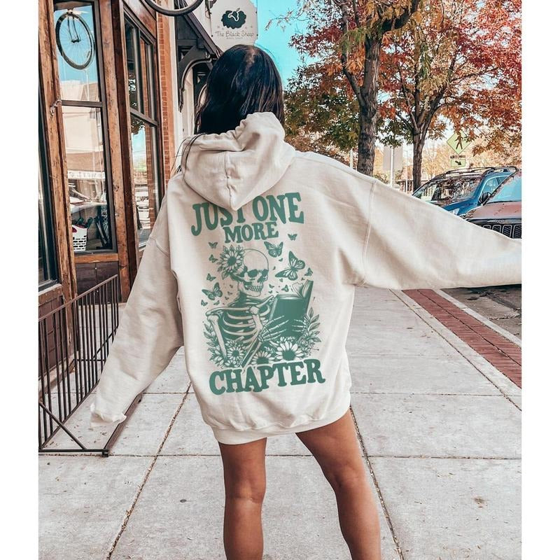 Just One More Chapter Hoodie, Flowery Skeleton Reader Sweatshirt For Book Lover, Aesthetic Reading T-Shirt, Gothic Gift...