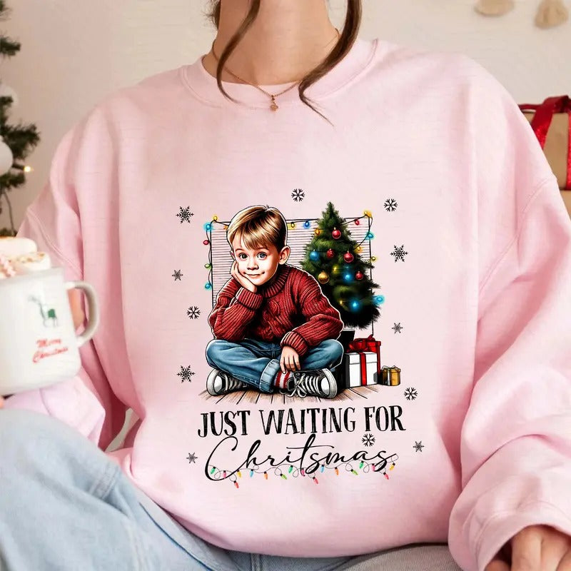Just Waiting For Christmas Shirt, Merry Christmas Sweatshirt, Christmas Movies, Santa Claus Tshirt, Merry Xmas, Retro...