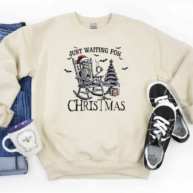 Just Waiting For Christmas Sweatshirt, Halloween Skeleton Sweater, Funny Halloween Crewneck, Skeleton Christmas Shirt,...