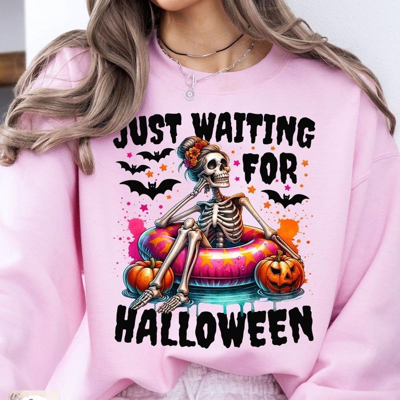 Just Waiting For Halloween Tshirt Sweatshirt,Funny Halloween Sweatshirt,Halloween Skull Sweatshirt,Halloween Summer...