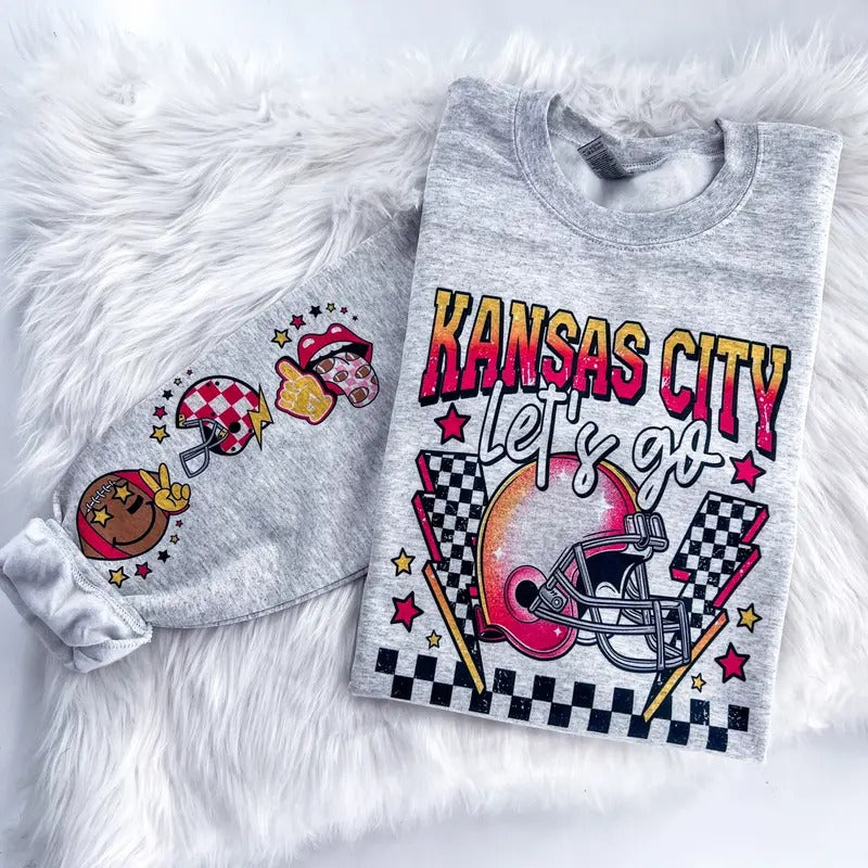 Kansas City Football Game Day Sweatshirt or Hoodie with sleeve prints Comfy Unisex Tops T-Shirts | TeeBloomCo.com