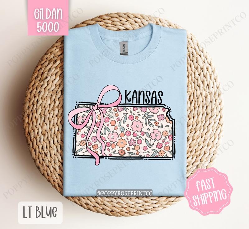 Kansas Gildan T-shirt, Cute Kansas State Shirt, Kansas Floral Bow Tee Hoodie, Sweatshirt | TeeBloomCo.com