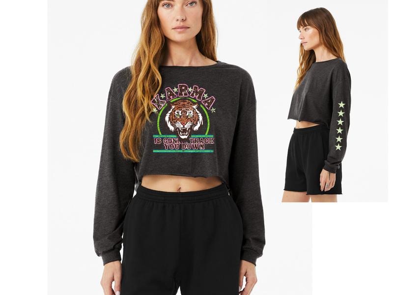 Karma Is Going To Track You Down Long Sleeve Cropped Shirt Hoodie, Sweatshirt | TeeBloomCo.com