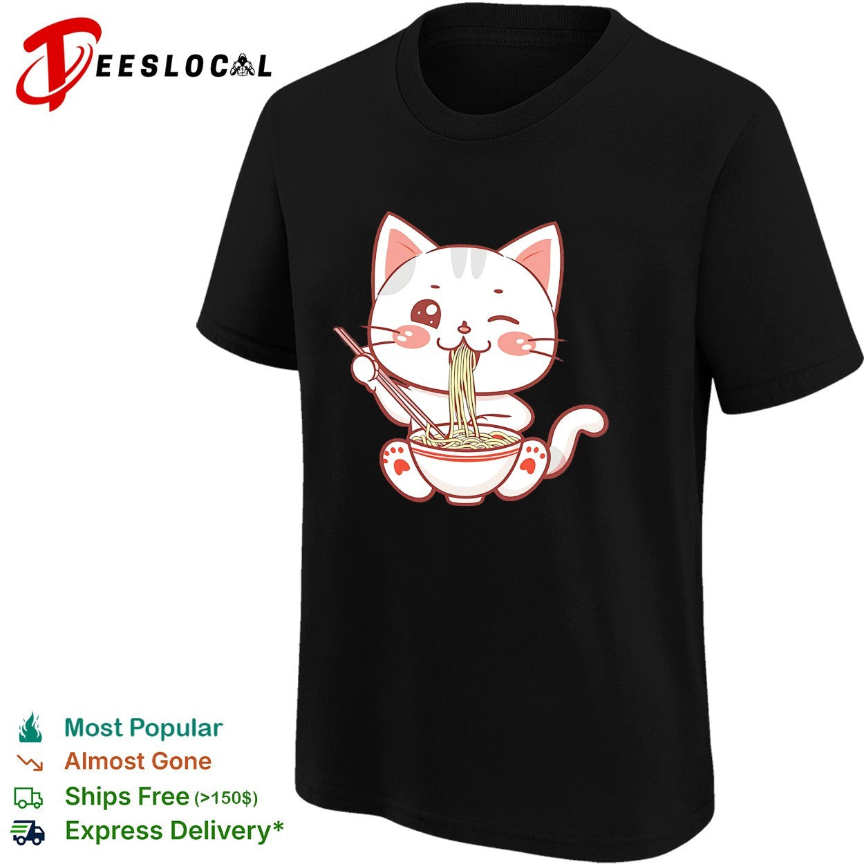Kawaii Ramen Eating Cat Bowl Noodles Japanese Anime Food Lover Gift shirt