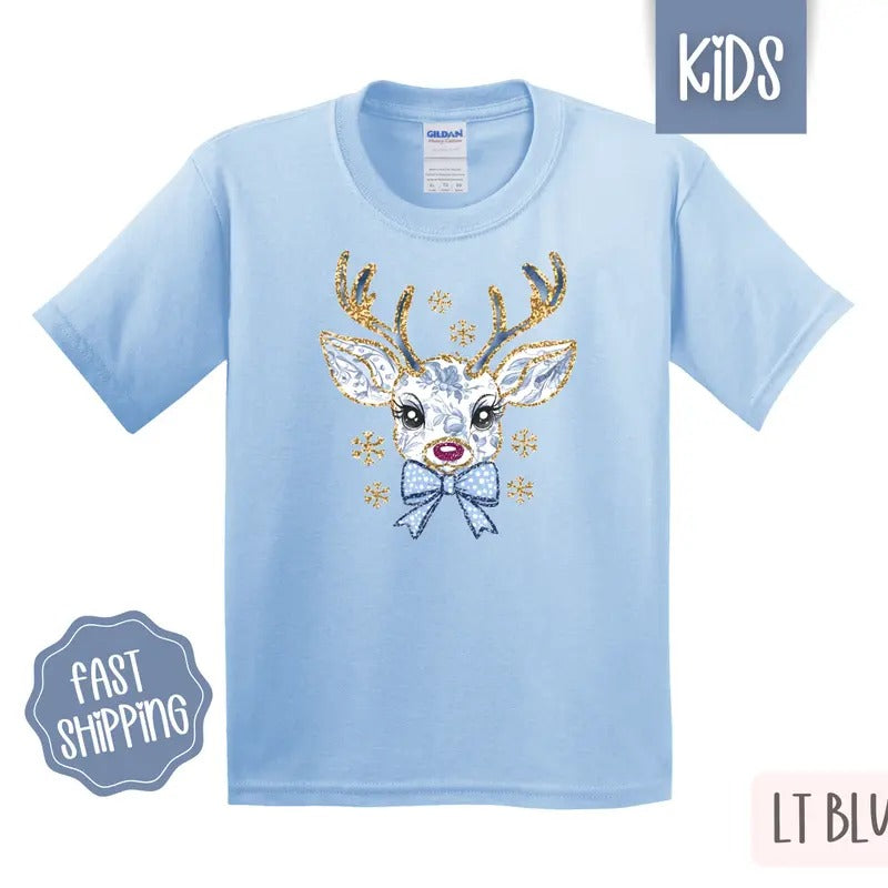 Kids Christmas Shirt - Blue Floral Reindeer Children's Tshirt - Youth Holiday Tee Gildan Hoodie, Sweatshirt | TeeBloomCo.com