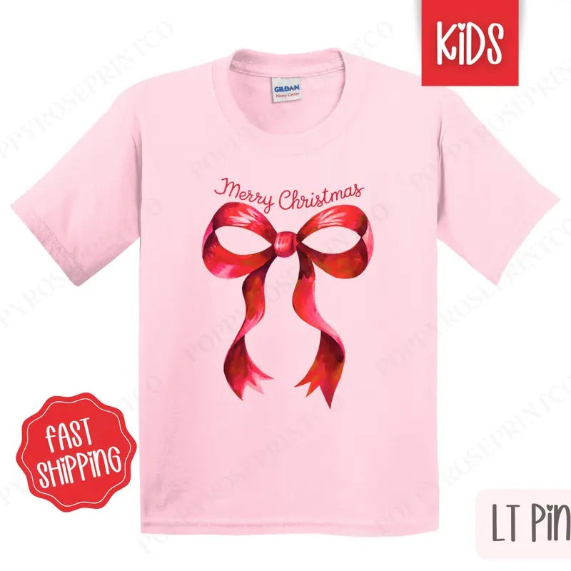 Kids Christmas Shirt - Coquette Bow Merry Christmas Tshirt - Youth Holiday Tee Gildan Hoodie, Sweatshirt | TeeBloomCo.com