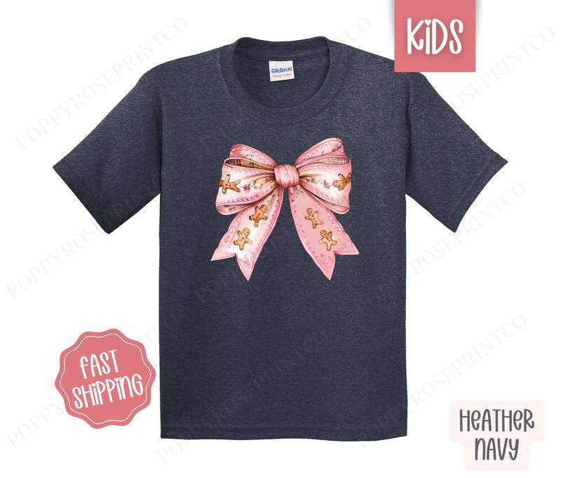 Kids Christmas Shirt - Gingerbread Bow Children's Tshirt - Youth Holiday Tee Gildan Hoodie, Sweatshirt | TeeBloomCo.com