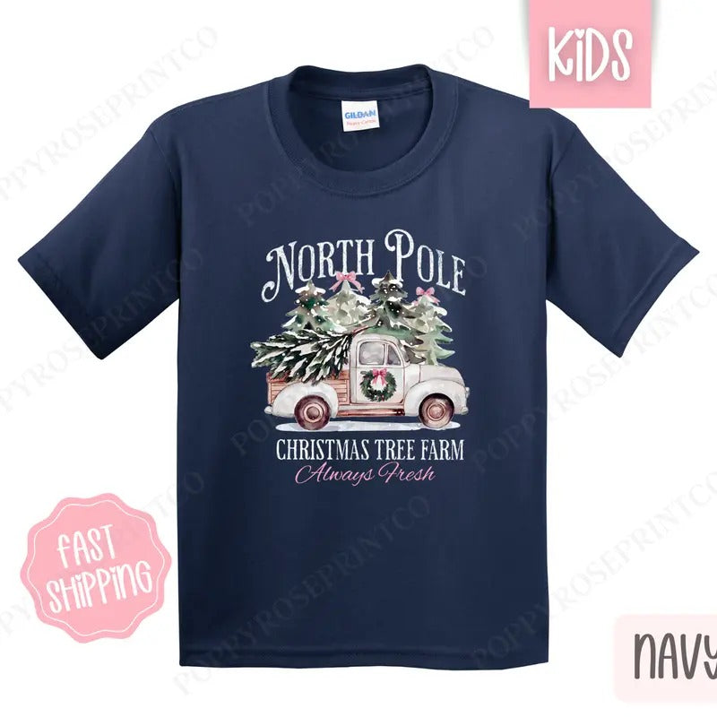 Kids Christmas Shirt - North Pole Christmas Tree Farm Childrens Tshirt