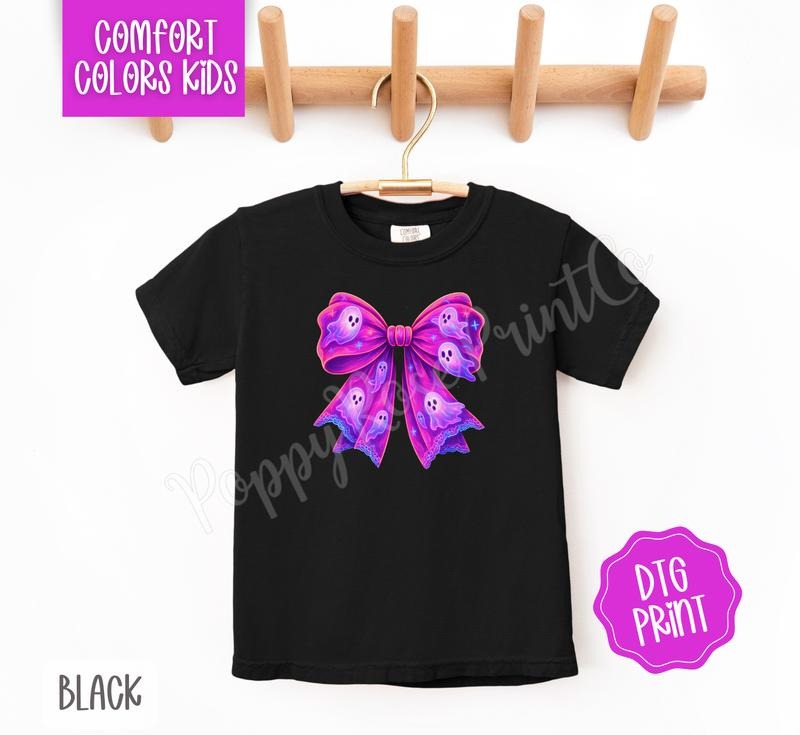 Kids Neon Ghost Bow Shirt Comfort Colors, Trendy Halloween Kid Tee Hoodie, Sweatshirt | TeeBloomCo.com