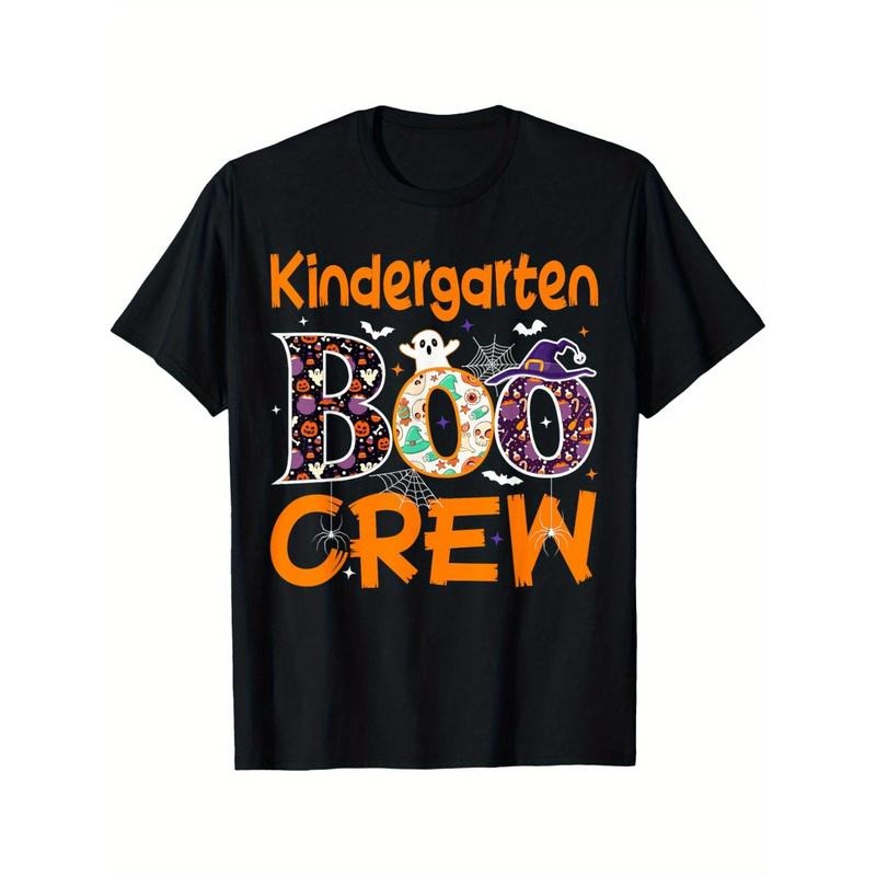Kindergarten Boo Crew Halloween T-Shirt - Cotton Knit, Geometric Pattern, Casual Short Sleeve, Round Neck, Regular Fit,...