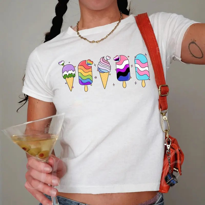 LGBTQ Ice Cream Y2K Baby Tee, Pride Month , Subtle Gay Shirt, Rainbow LGBTQ Shirt, Lesbian Pride Trendy Shirt, Aesthetic...
