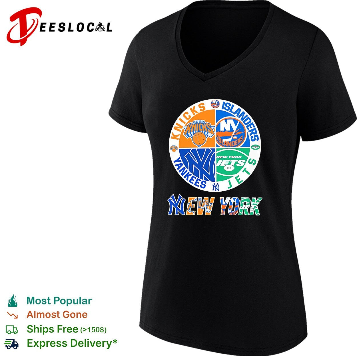New York Knicks Islanders Yankees Jets four teams quadrant circle logo shirt