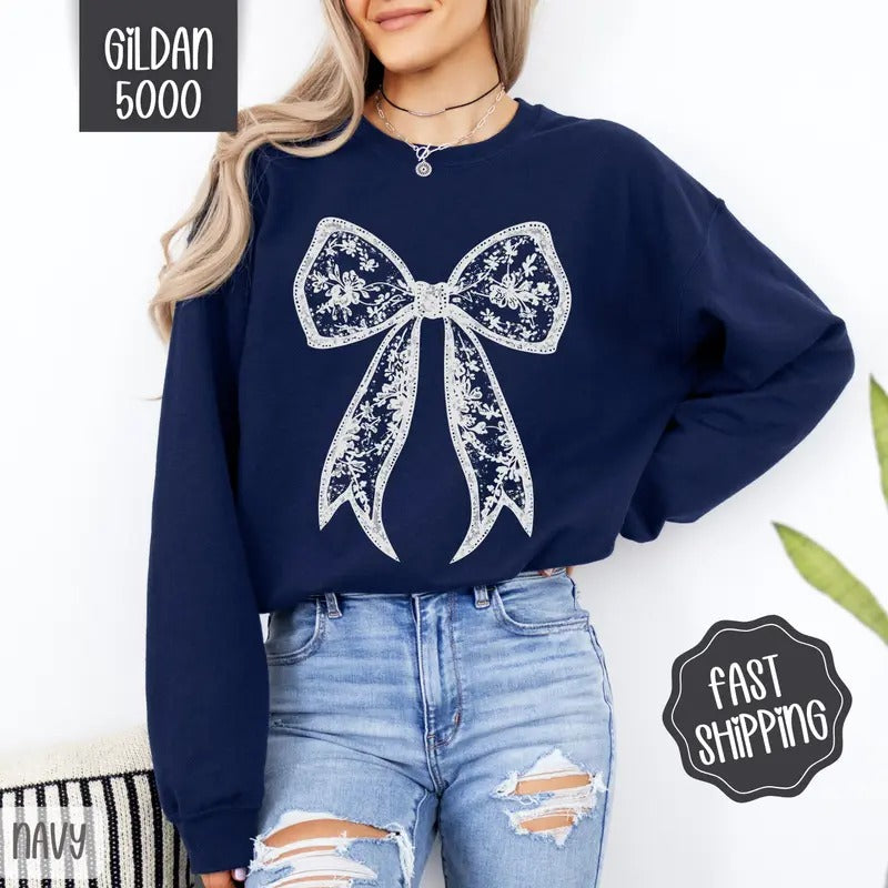 Lace Bow Sweatshirt, Coquette Lace Bow Crewneck, Cute Women's Sweater T-Shirts, Hoodie | TeeBloomCo.com