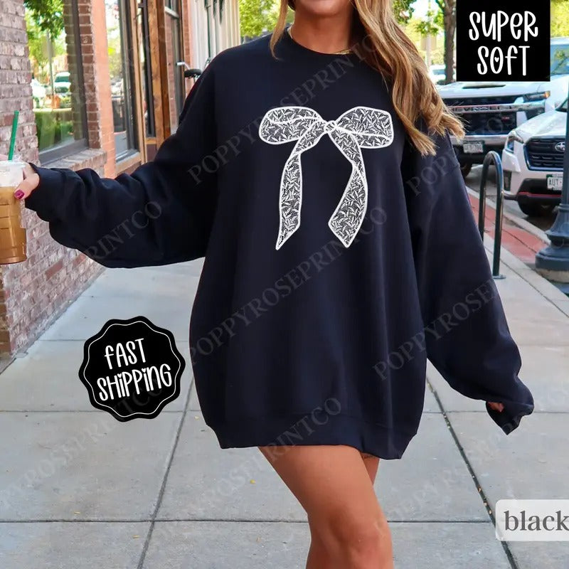 Lace Bow Sweatshirt, Coquette Ribbon Crewneck,  Trendy Women's Sweater T-Shirts, Hoodie | TeeBloomCo.com
