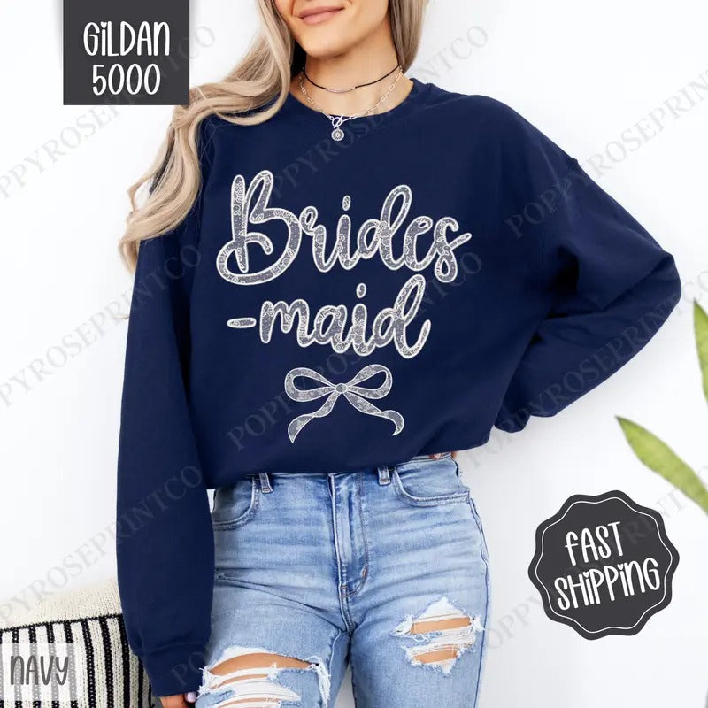 Lace Bridesmaid Sweatshirt, Bridal Coquette Lace Bow Crewneck, Cute Women's Sweater T-Shirts, Hoodie | TeeBloomCo.com