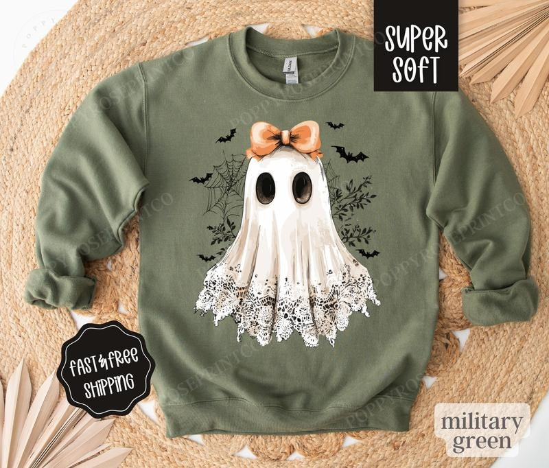 Lace Ghost Sweatshirt, Fall Crewneck, Womens Sweatshirt, Halloween Sweater T-Shirts, Hoodie | TeeBloomCo.com