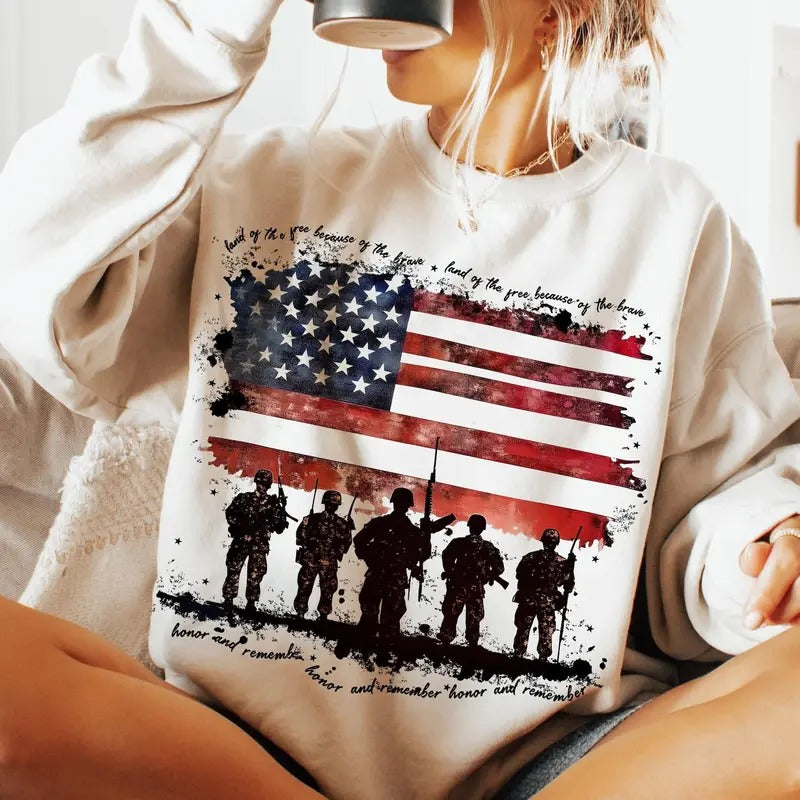 Land of the Free Veterans Honor and Remember Unisex Sweatshirt, Patriotic ndependence Day Shirt, Retro 4th Of July Tee Hoodie