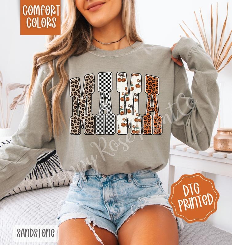 Leopard Checkered Mama Comfort Colors Long Sleeve T-Shirt, Cute Women's Graphic Tee Hoodie, Sweatshirt | TeeBloomCo.com