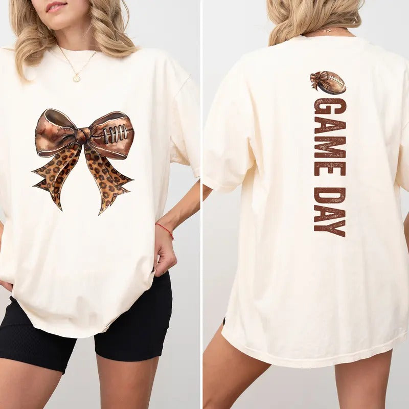 Leopard Coquette Bow Football Shirt 2-Sided, Girly Game Day Tee for Girls, Vintage Game Day Graphic Shirt, Fall Sports...