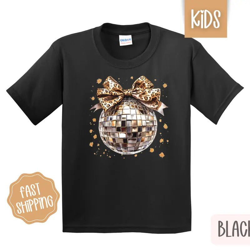 Leopard Disco Bow Kids Shirt - New Year's 2025 Children's Tshirt - Youth NYE Tee Gildan Hoodie, Sweatshirt | TeeBloomCo.com