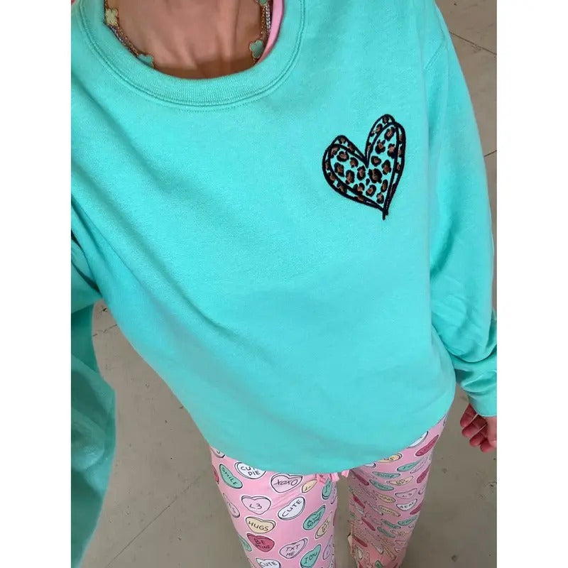 Leopard Heart Embroidered Mint Sweatshirt T-Shirts, Hoodie | TeeBloomCo.com